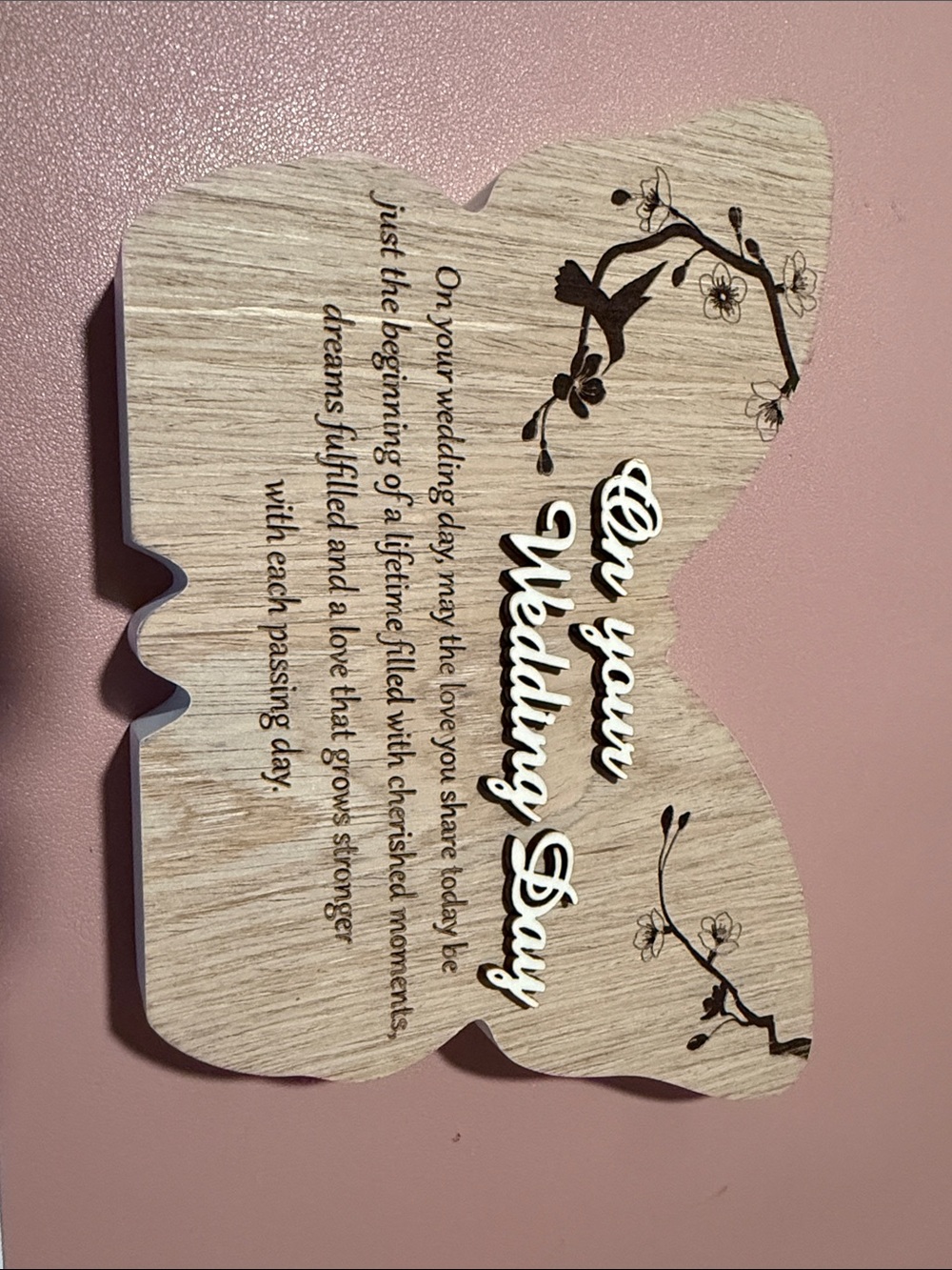 Wooden 'On Your Wedding Day' Butterfly Plaque - Natural Wood & White Text